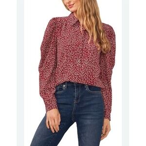 CeCe Button Front Top Blouse Ditzy  Floral Point Collar Long Puff Sleeve Plus 3X